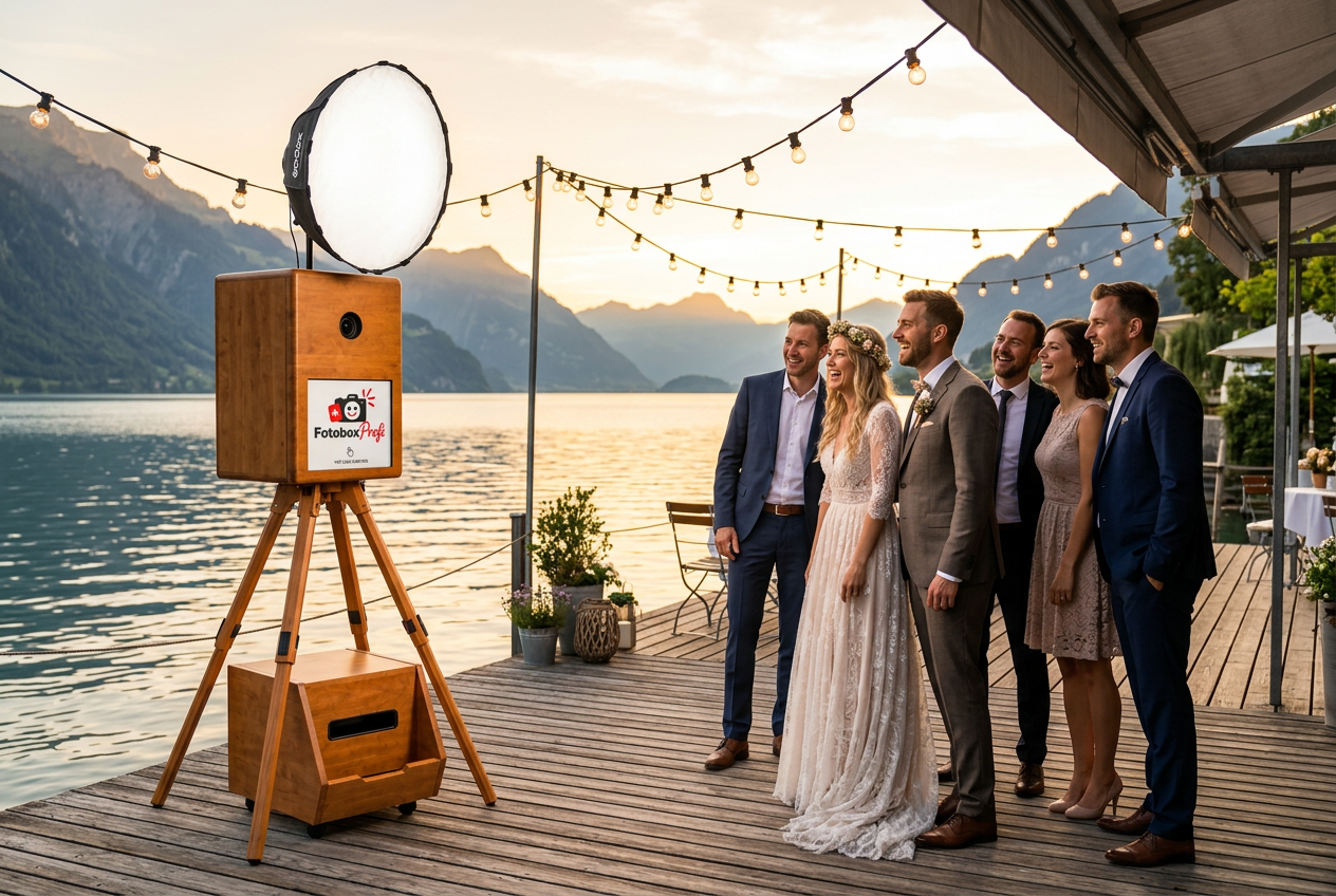 Brautpaar und Gäste lachen an der Profi Fotobox